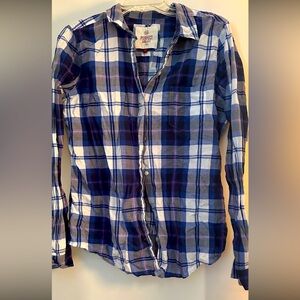 Plaid blue/white with pink stripped shirt.